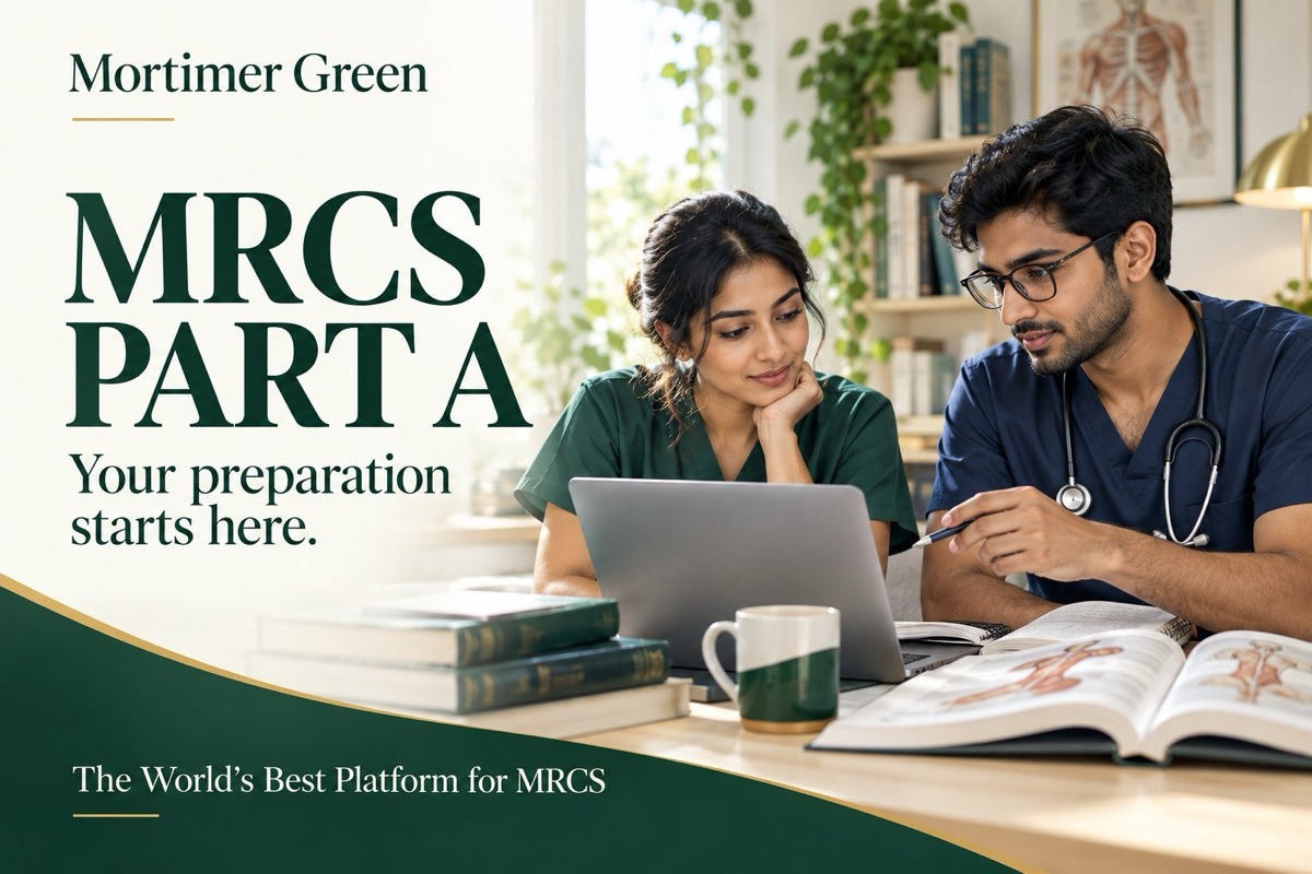 Two doctors preparing for MRCS Part A together with a laptop and anatomy textbooks