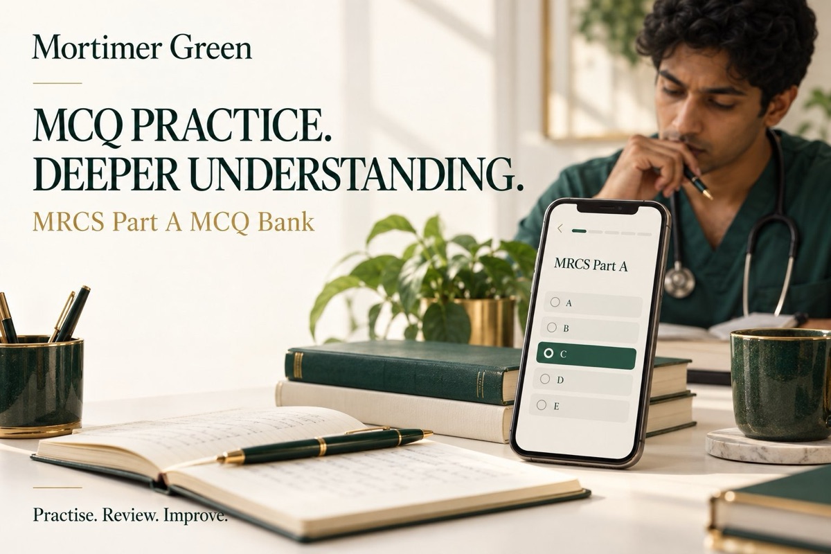 Mortimer Green MRCS Part A MCQ bank on a phone: practise, review, improve